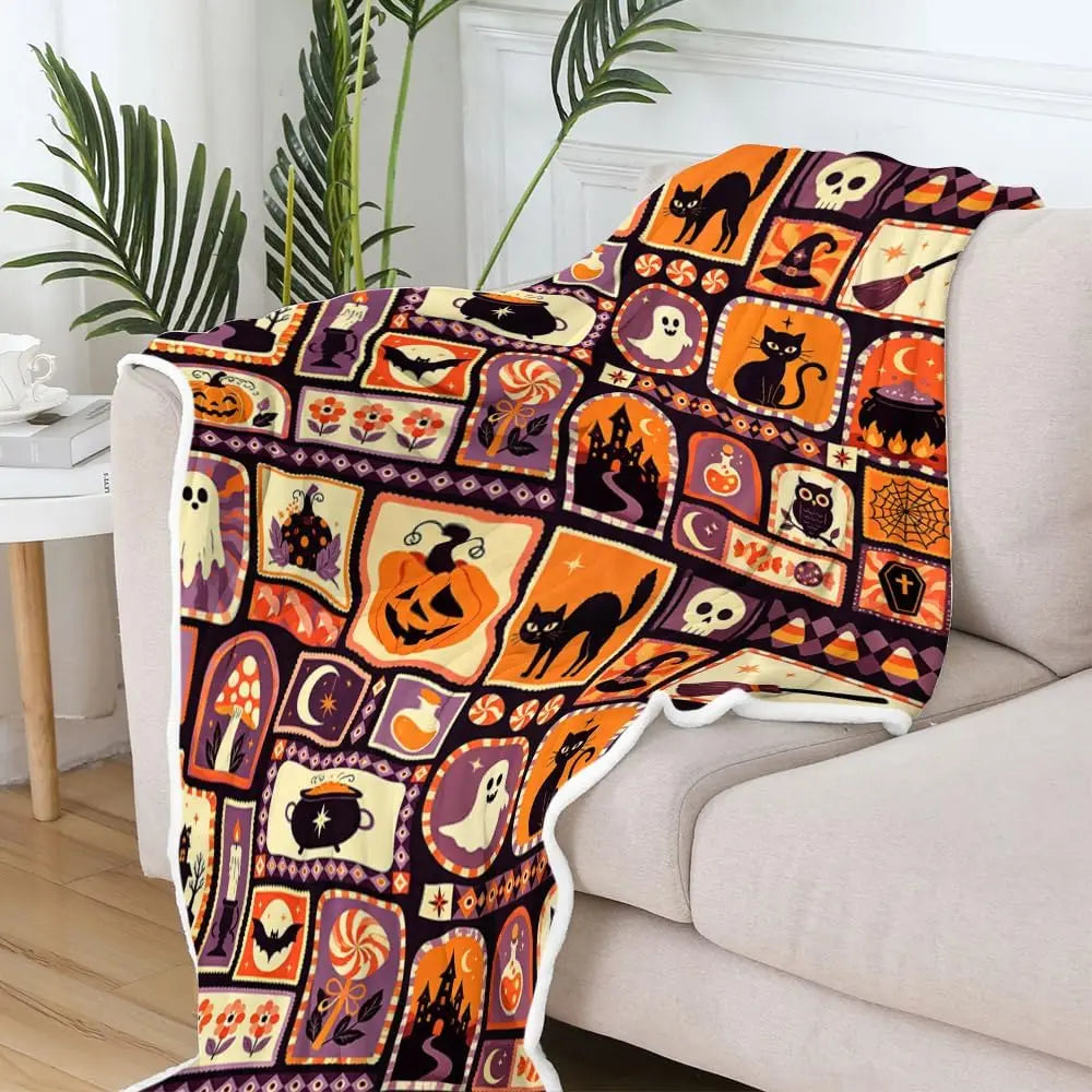 Cozy Halloween Patchwork Throw Blanket