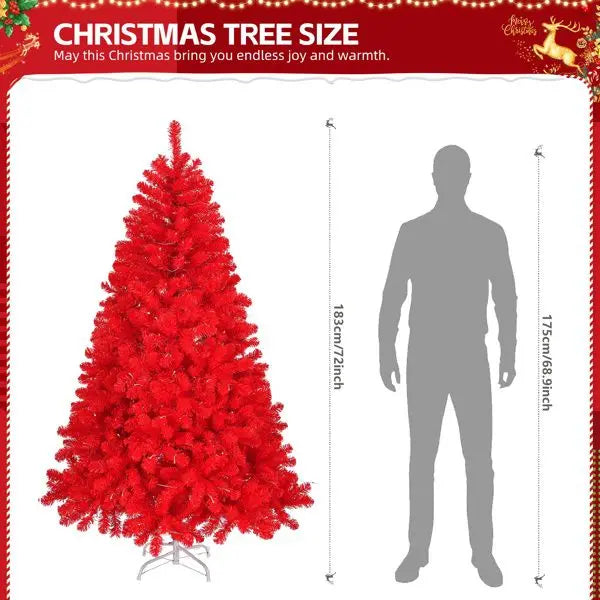 6 FT Hinged Red Christmas Tree with 800 Branch Tips & Metal Stand