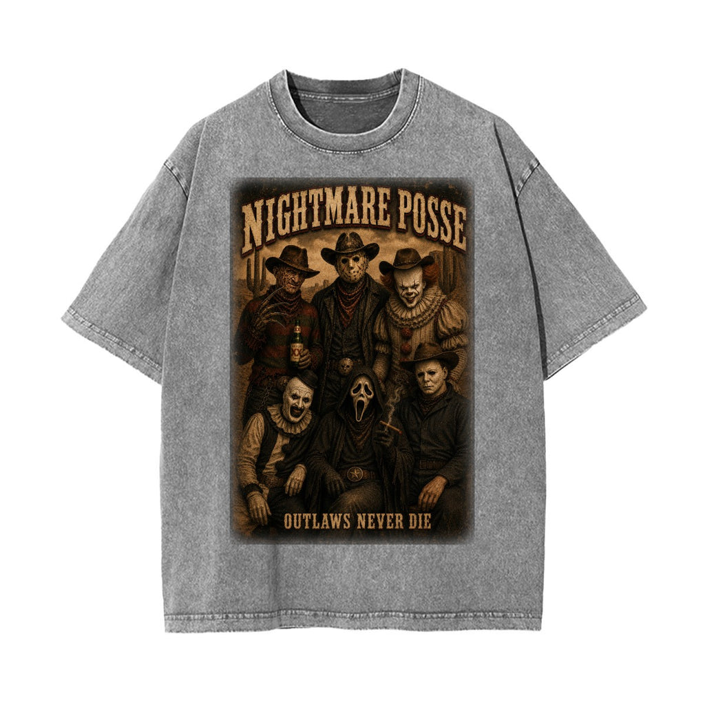 Nightmare Posse Outlaws Never Die Vintage Wash Horror Western Oversized T-Shirt