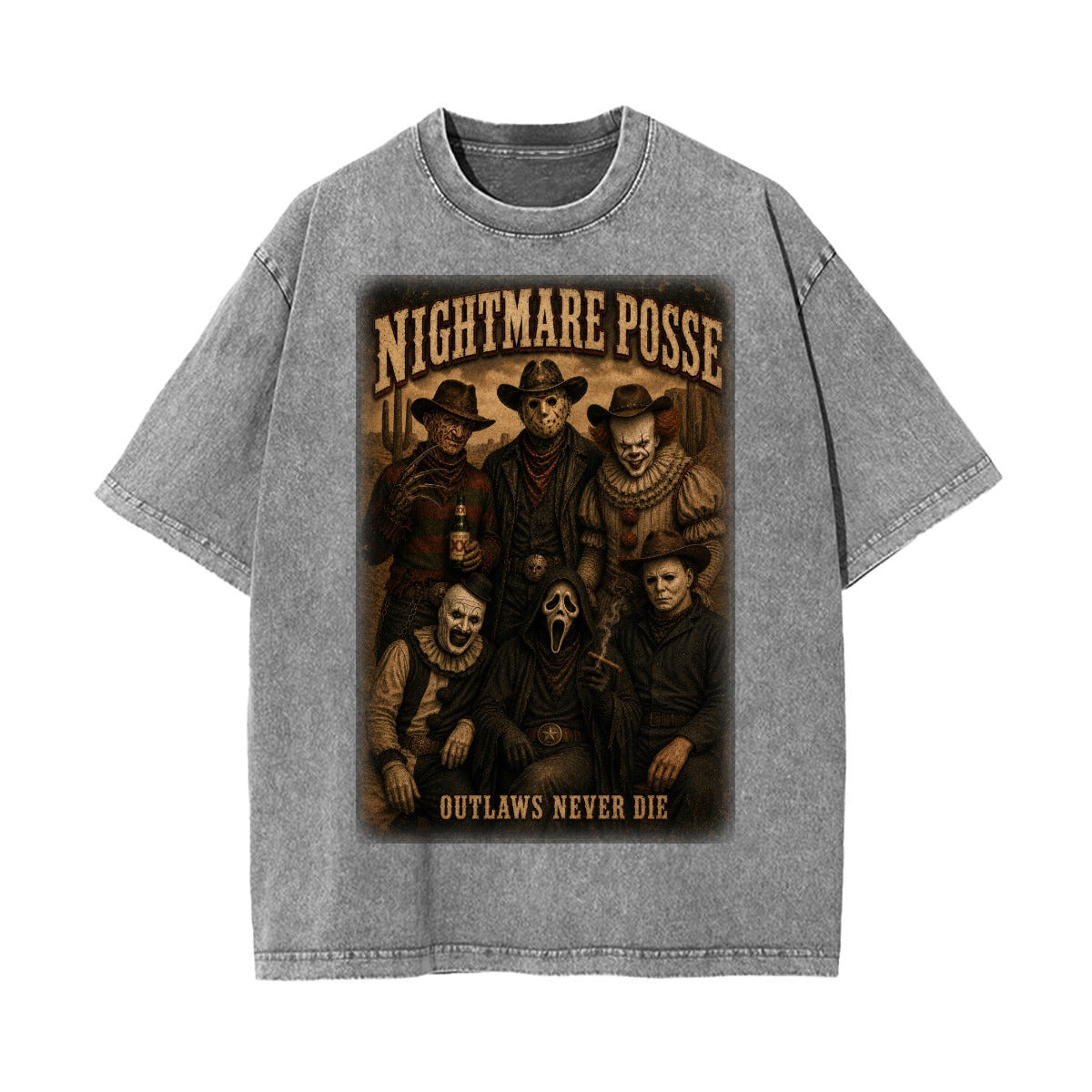 Nightmare Posse Outlaws Never Die Vintage Wash Horror Western Oversized T-Shirt