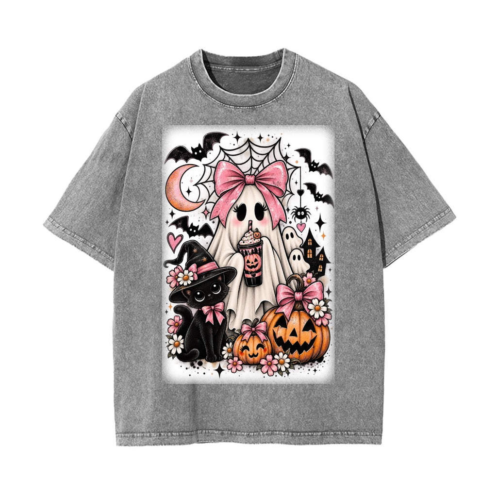 Pink Spooky Ghost & Black Cat Halloween Vintage Wash Graphic T-Shirt