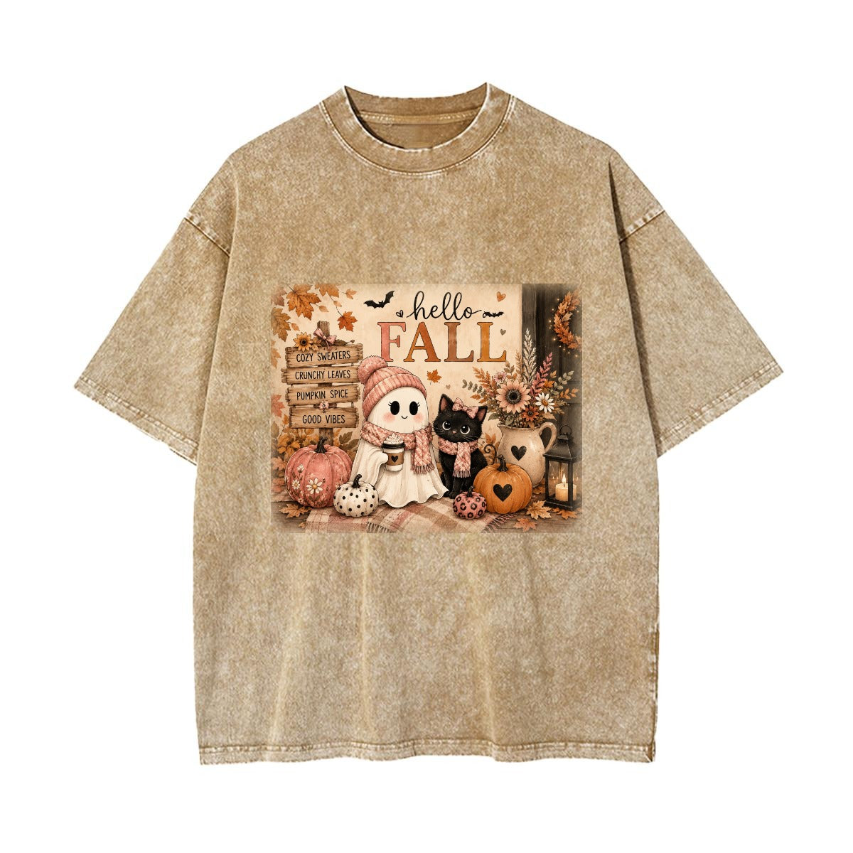 Hello Fall Cute Ghost & Black Cat Vintage Wash Graphic T-Shirt