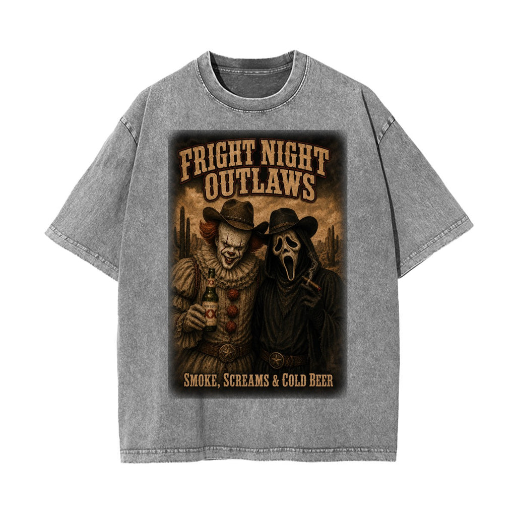 Fright Night Outlaws Vintage Wash Horror Western Oversized Graphic T-Shirt