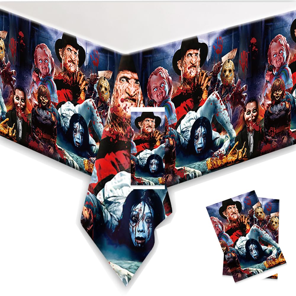 We1Fit 2 Packs Scary Halloween Tablecloth 43 x 71 Inches Bloody Zombie Scary Movie Theme Rectangle Halloween Table Covers Plastic Halloween Tablecloth for Halloween Party Decorations