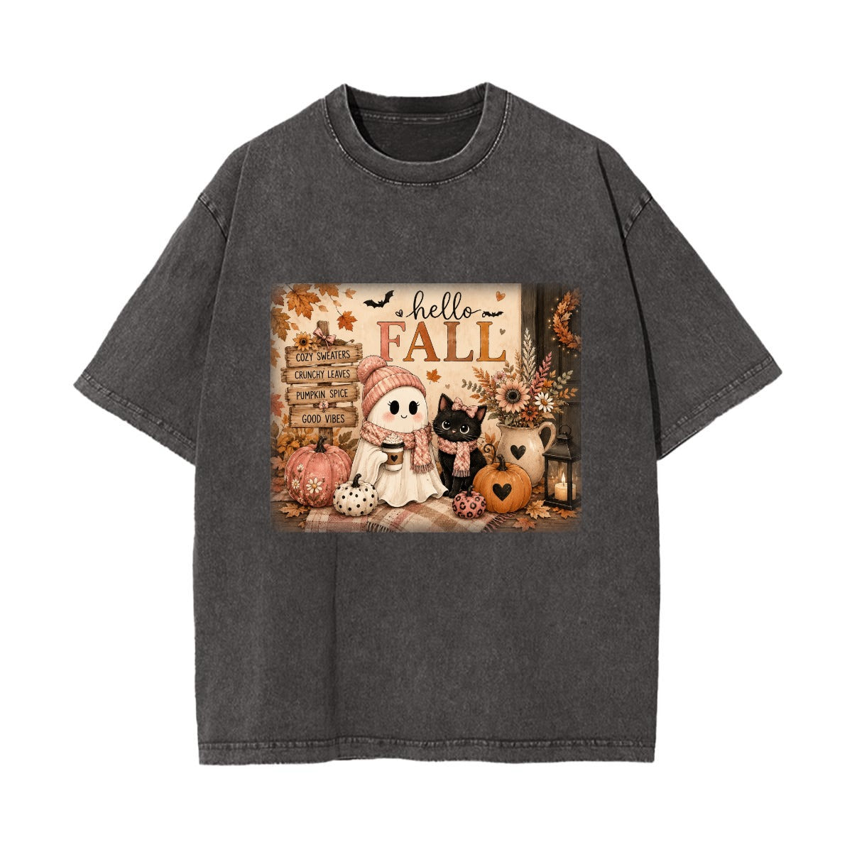 Hello Fall Cute Ghost & Black Cat Vintage Wash Graphic T-Shirt
