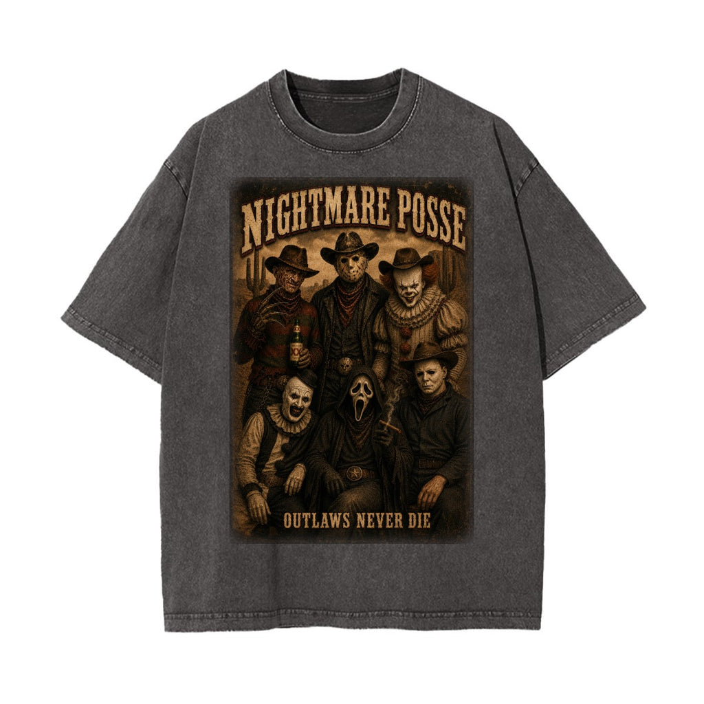 Nightmare Posse Outlaws Never Die Vintage Wash Horror Western Oversized T-Shirt