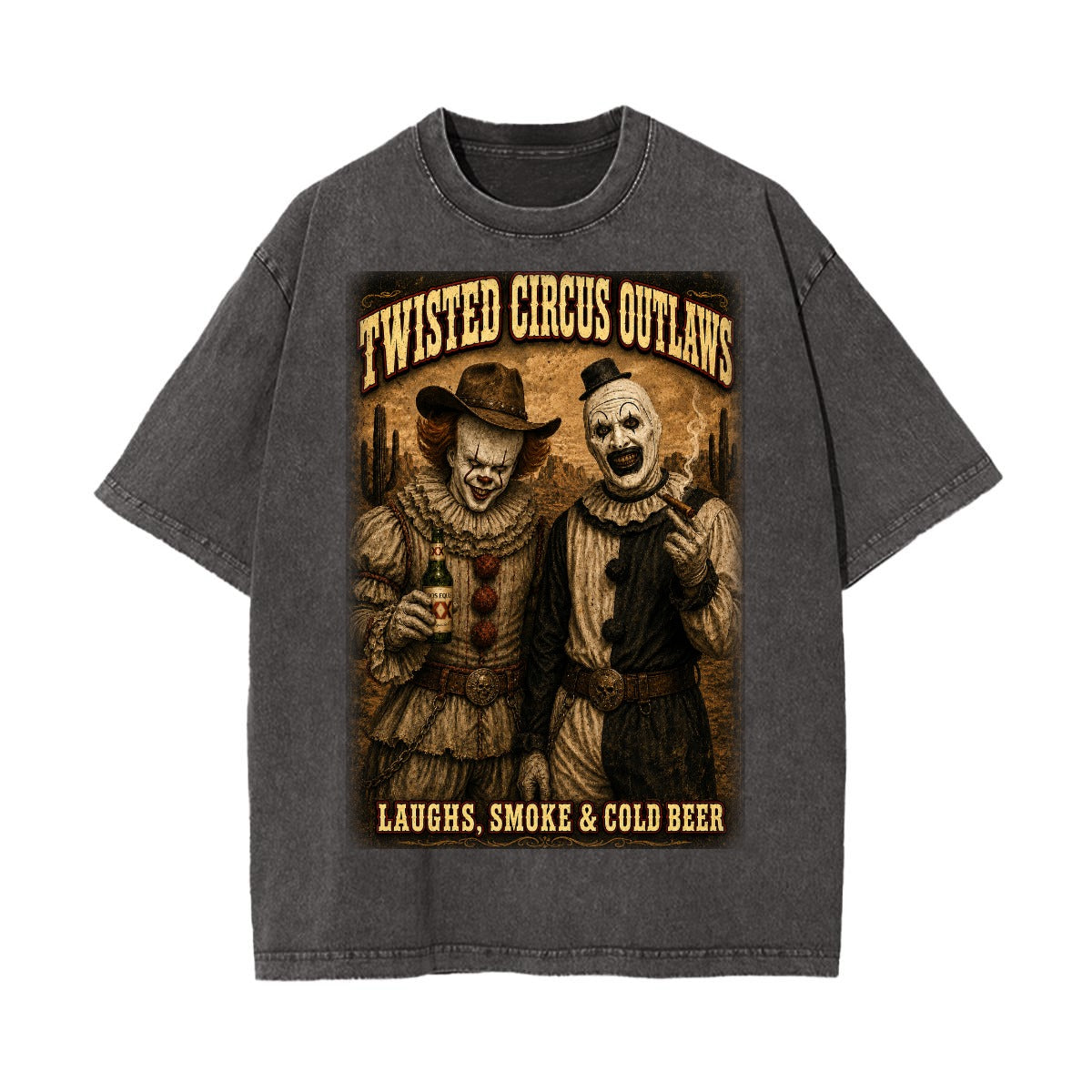 Twisted Circus Outlaws Vintage Wash Horror Clown Oversized Graphic T-Shirt