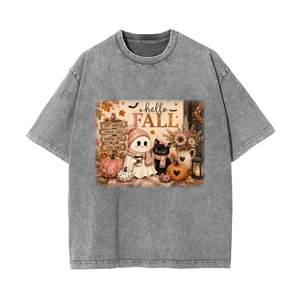 Hello Fall Cute Ghost & Black Cat Vintage Wash Graphic T-Shirt